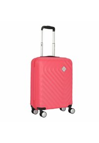 Valigia rigida di colore rosa acceso con motivo a zigzag, manico retrattile, quattro ruote nere e rifiniture in acciaio inox.