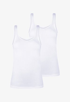 Valkoiset, hihattomat hihnatopit V-pääntiellä. Sujuva kangas, yksinkertainen rakenne, ja setissä on kaksi kappaletta.