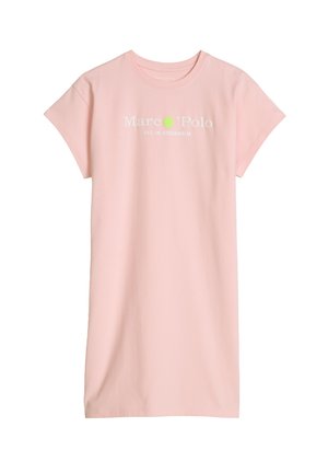 Lichtroze T-shirtjurk met korte mouwen en witte en groene tekst "Marc O' Polo EST. IN STOCKHOLM" aan de voorkant, ronde hals.