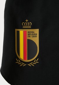 Melnā auduma drapējums ar zelta emblemu ar kroni, kurā redzami sarkanā, dzeltenā un melnā krāsa, kā arī teksts "ROYAL BELGIAN FA 1895".