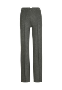 Dunkelgraue Strickhose mit geraden Beinen und vertikalen Nahtdetails an der Vorderseite.