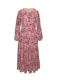 Langärmliges Midikleid mit rot-weißem abstraktem Blumenmuster, V-Ausschnitt, tailliertem Schnitt und gerafftem, gestuftem Rock.