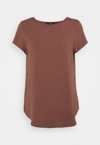T-shirt marron à manches courtes avec un col rond, en tissu doux, légèrement arrondi en bas et avec des fentes latérales pour plus de confort et de style.