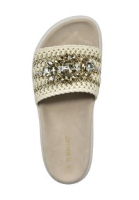Beige Riemchensandale mit geflochtenem Riemen und eingearbeiteten diamantähnlichen Verzierungen, glatter Sohle und gepolstertem Fußbett.