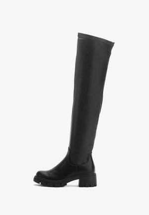 Over-the-knee black boots made of smooth leather with a chunky sole and block heel, featuring a sleek, streamlined design.