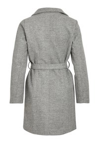 Szary wełniany płaszcz z paskiem w talii, strukturalnym kołnierzem i długimi rękawami. Charakteryzuje się czystym, dopasowanym krojem oraz pionowymi przeszyciami.