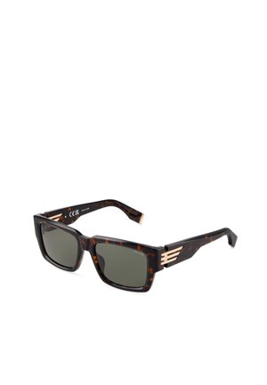 Lunettes de soleil rectangulaires en écaille avec des verres foncés et des accents décoratifs dorés sur les branches, présentées sur un fond blanc.