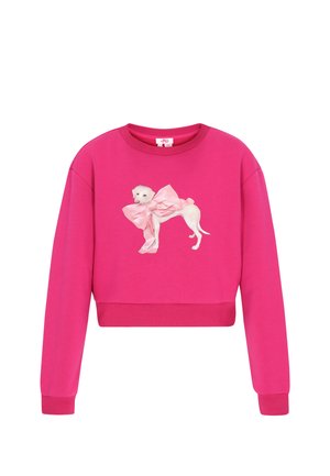 Fuchsia cropped sweatshirt med et tryk af en hvid hund med en stor lyserød sløjfe på fronten, lavet af blødt bomuldsmateriale.