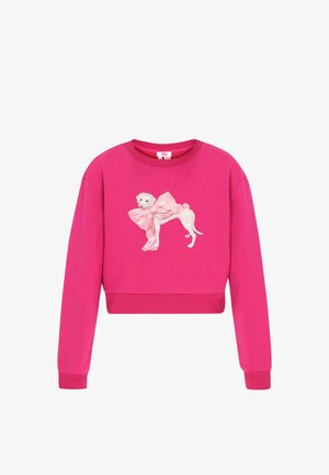 Fuchsiafarbener, kurzer Pullover aus weichem Baumwollmaterial mit einem aufgedruckten weißen Hund, der eine große pinkfarbene Schleife trägt.