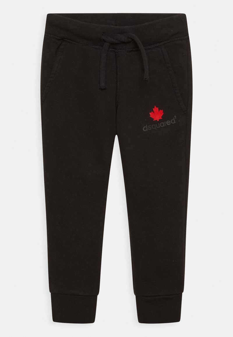 Pantalon de jogging noir avec taille élastique et cordon de serrage, poches latérales, chevilles resserrées, et petit logo feuille d'érable rouge avec le texte "dsquared²" sur la cuisse gauche.