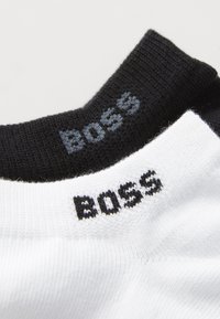 Calzini bianchi e neri con tessuto lavorato a maglia. Il risvolto mostra la parola "BOSS" in lettere nere e grigie su sfondi a contrasto.