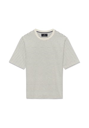 Maglietta a maniche corte con scollo rotondo, a righe sottili orizzontali grigie e bianche, vista dall'alto su sfondo bianco.