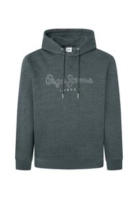 Felpa grigia realizzata in tessuto morbido con tasca a marsupio e coulisse. Presenta il logo "Pepe Jeans London" in lettere corsive bianche.