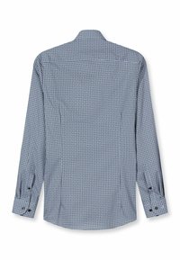 Langärmeliges Hemd mit blauem und weißem geometrischem Muster, Knopfmanschetten und klassischem Kragen. Hergestellt aus leichtem Stoff.