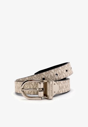 Beige canvas belt with embossed MK pattern, finished with a silver metal buckle and black underside. Features adjustable holes for fitting.