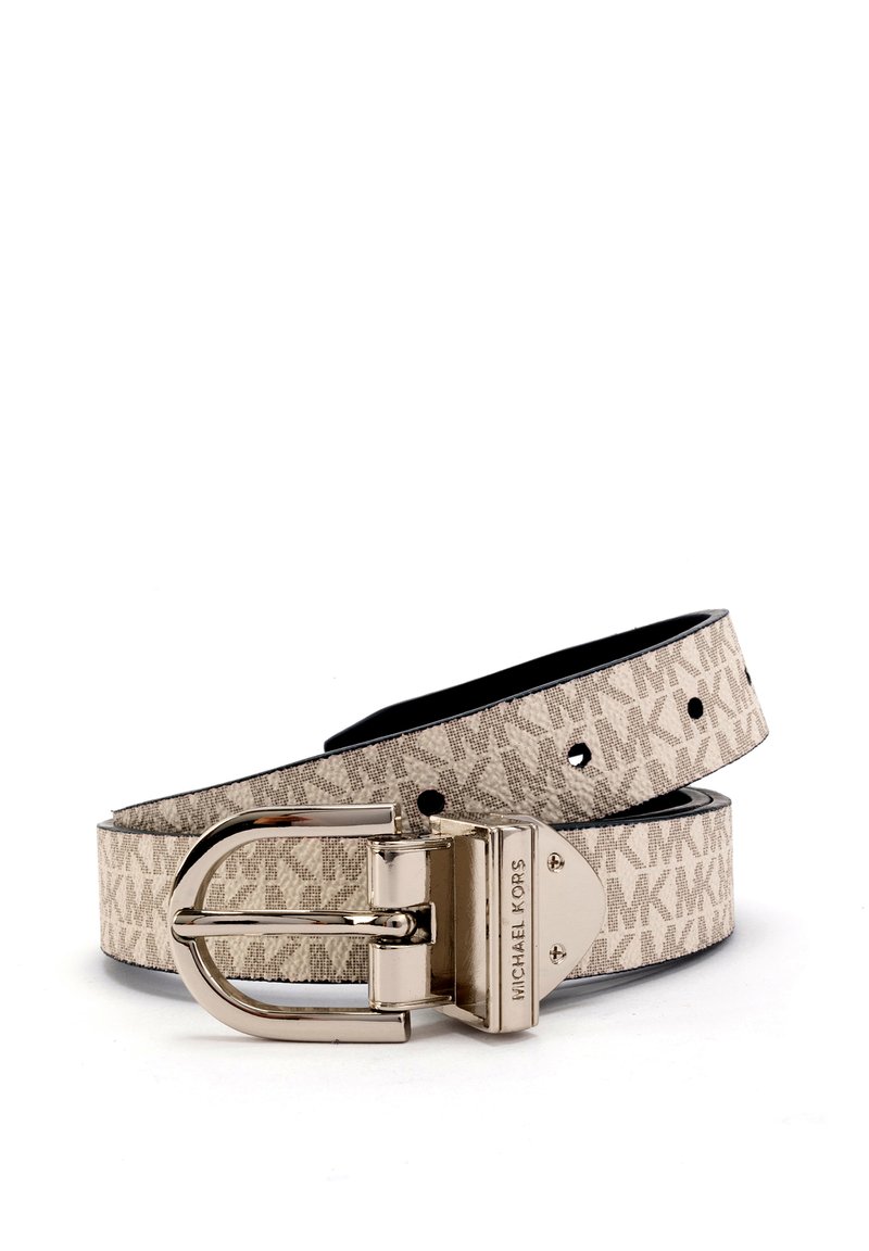 Beige canvas belt with embossed MK pattern, finished with a silver metal buckle and black underside. Features adjustable holes for fitting.
