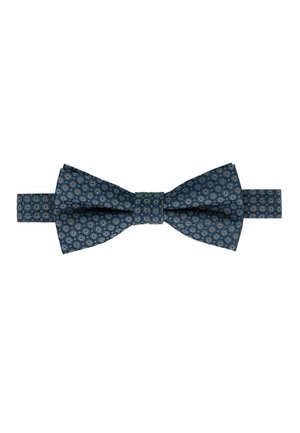Navy blue bow tie with a textured fabric, featuring a repeating circular pattern in light blue and white. Adjustable strap for fit.