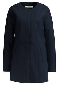 Marinblå kappa med rund halsringning, långa ärmar och två sidofickor. Mjukt tyg, skräddarsydd design och rena linjer.