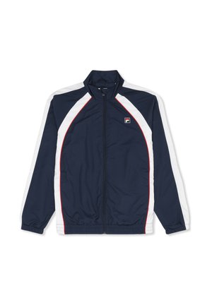 Marineblå sportsjakke med hvide paneler på ærmerne, røde kanter, fuld lynlås foran, elastiske manchetter og lille logo på venstre bryst.