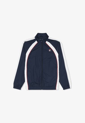 Granatowa sportowa kurtka z białymi panelami na rękawach, czerwoną lamówką, pełnym suwakiem z przodu, elastycznymi mankietami i małym logo na lewej piersi.