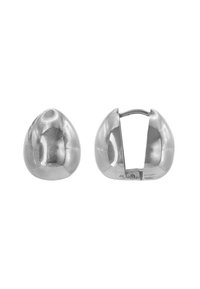 Clip metallici a forma di uovo; superficie liscia e lucida con una qualità riflettente. Un clip è aperto, rivelando il meccanismo dell'articolazione.