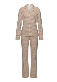 Set di pigiama con bottoni in beige chiaro con un motivo geometrico. Maglia a maniche lunghe con colletto, abbinata a pantaloni dritti. Tessuto morbido.