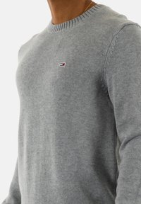 Maglione grigio lavorato a maglia con scollatura rotonda, caratterizzato da un piccolo logo con accenti rosso, bianco e blu sul lato sinistro del petto. Texture liscia.