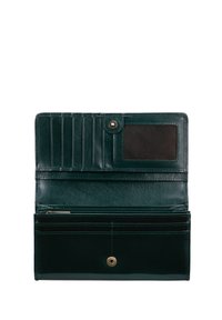 Portefeuille en cuir vert foncé avec plusieurs emplacements pour cartes, une fenêtre transparente pour pièce d'identité, une fermeture à bouton-pression et une texture lisse.