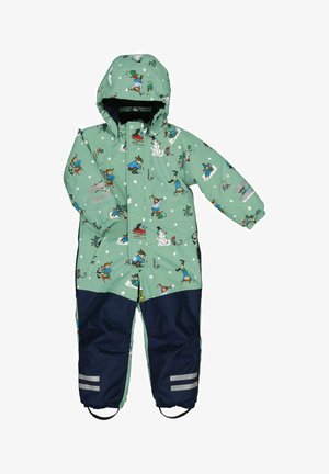 Børns grønne og marineblå vinterdragt med hætte, prydet med legesyge vintertematiske tegneserieprints og reflekterende striber på underbenene.