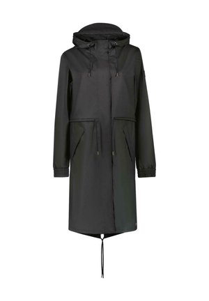 Zwarte waterdichte jas met capuchon, trekkoord in de taille, lange mouwen en twee zijzakken. Glad materiaal, middellange snit.