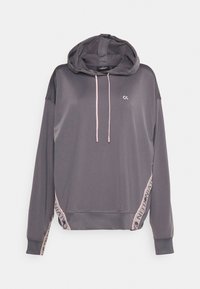 Gray hoodie with a smooth texture, pink drawstrings, and CK logo. Features patterned accents on the sides and long sleeves.