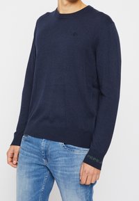 Námořnický svetr s kulatým výstřihem z měkké pleteniny s žebrovanými manžetami, na kterých je zelený nápis "Pepe Jeans". Nosený přes světle modré džíny.