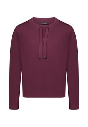 Bordowy pulower z długim rękawem, okrągłym dekoltem i dwoma troczkami. Gładka faktura, luźny krój oraz ściągacze na mankietach.