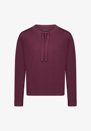 Bordeauxroter Langarm-Pullover mit rundem Ausschnitt und zwei Kordeln. Glatte Textur mit lockerem Sitz und gerippten Bündchen.
