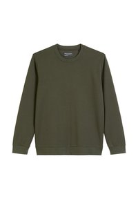Sweatshirt vert olive, col rond, manches longues, bords-côtes aux poignets et à l'ourlet, matériau en coton doux mélangé, design minimaliste, sans motifs ni accents.