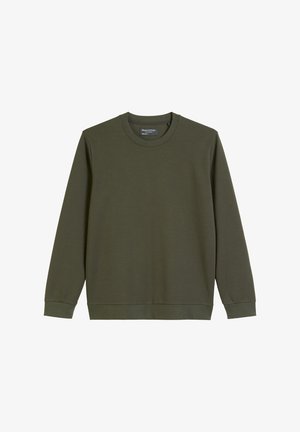 Olivgrüner Pullover, Rundhalsausschnitt, lange Ärmel, gerippte Bündchen und Saum, weiches Baumwollmischgewebe, minimalistisches Design, keine Muster oder Akzente.