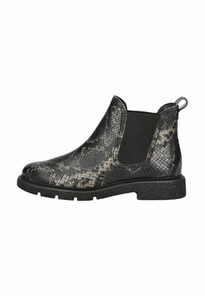 Schwarze und graue Chelsea-Boots mit Schlangenhautmuster, elastischen Seitenpaneelen und einer Zuglasche. Sie verfügen über eine strukturierte Gummisohle und eine abgerundete Zehe.