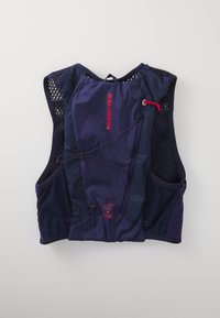 Navy blue running vest made of mesh and lightweight fabric, featuring a front pocket, adjustable cords, and red logo accents.