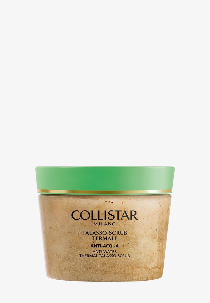 Collistar Milano Thermal Talasso-Scrub med grønt låg, kornet beige eksfolierende scrub i en klar rund krukke.