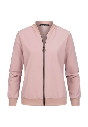 Veste bomber rose pâle en matériau doux, avec une fermeture éclair sur le devant, un col et des poignets côtelés, et un design minimaliste.