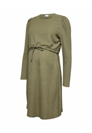 Olive green long-sleeve maternity dress with round neckline and adjustable waist tie, made from soft knit fabric.