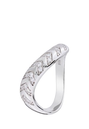 Silver ring with a zigzag pattern of embedded clear stones and a smooth polished interior marked 925.