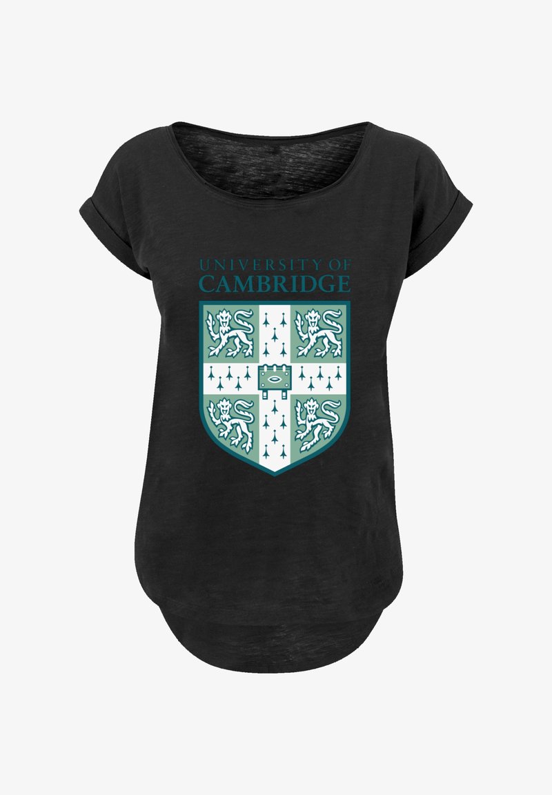 Black, short-sleeve t-shirt featuring the University of Cambridge logo, showcasing a coat of arms with lions and arrows in teal and white.