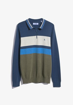 Herren-Polo-Sweater mit langen Ärmeln, der dunkelblaue, hellgraue und olivgrüne horizontale Streifen aufweist, mit einem Reißverschlusskragen und gesticktem Logo.