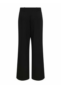 Pantalons noirs à large jambe avec une texture lisse, dotés d'une taille plate et de deux poches au dos, conçus pour un ajustement décontracté.