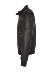 Schwarze Lederbomberjacke mit einer Reißverschlusstasche, gerippten Bündchen und einem Kragen mit Druckknopfverschluss für eine anpassbare Passform. Glatte Textur.