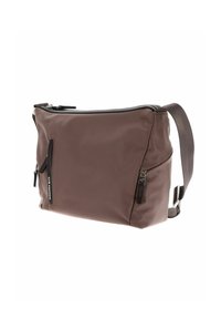 Borsa a messenger marrone, con texture morbida, chiusura con zip, tracolla regolabile e due tasche esterne con zip per ulteriore spazio di stoccaggio.