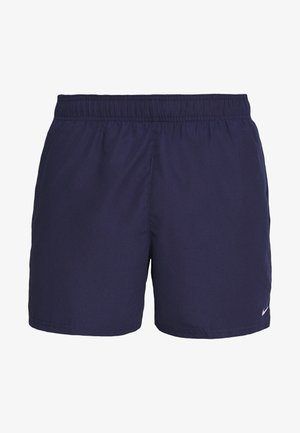 Granatowe spodenki sportowe z elastycznym pasem, wykonane z miękkiego materiału, z małym białym logo po prawej stronie na dole.