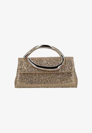 Metallic goldfarbene Clutch-Tasche mit strukturierter Oberfläche, ausgestattet mit einem gebogenen Metallgriff und einer strukturierten Form mit flachem Boden.