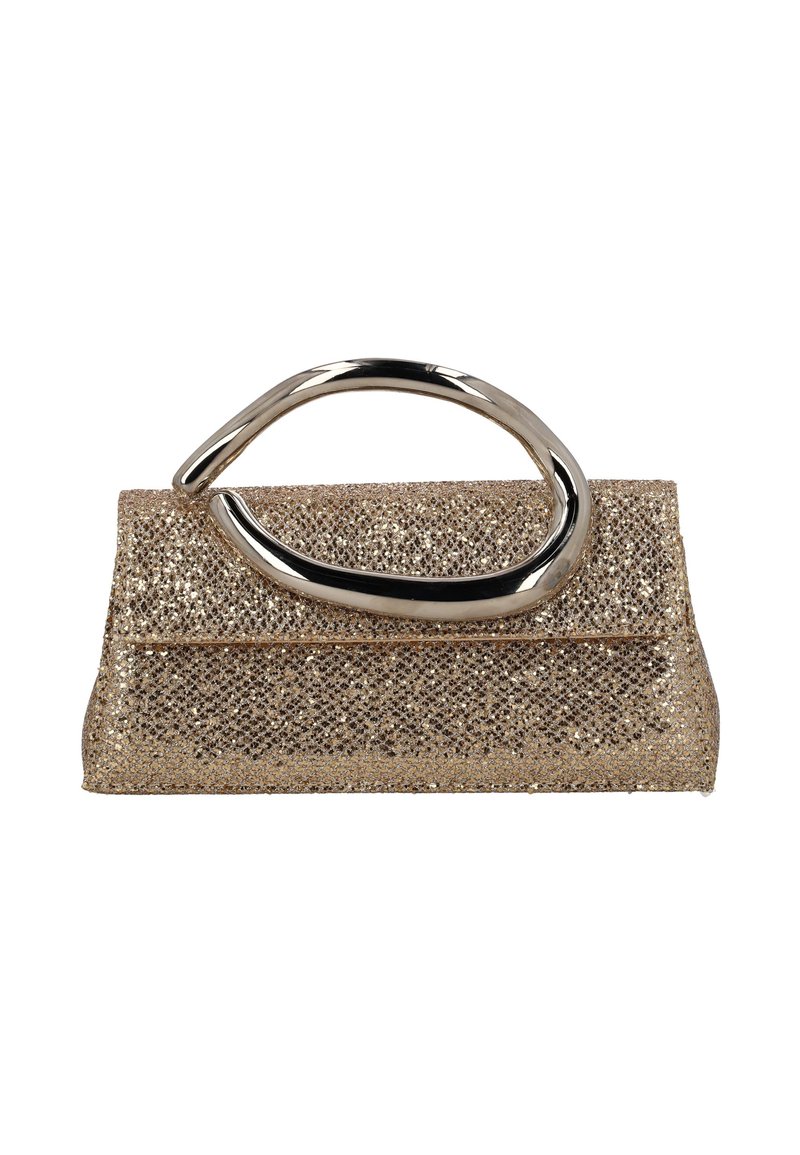 Metallic goldfarbene Clutch-Tasche mit strukturierter Oberfläche, ausgestattet mit einem gebogenen Metallgriff und einer strukturierten Form mit flachem Boden.